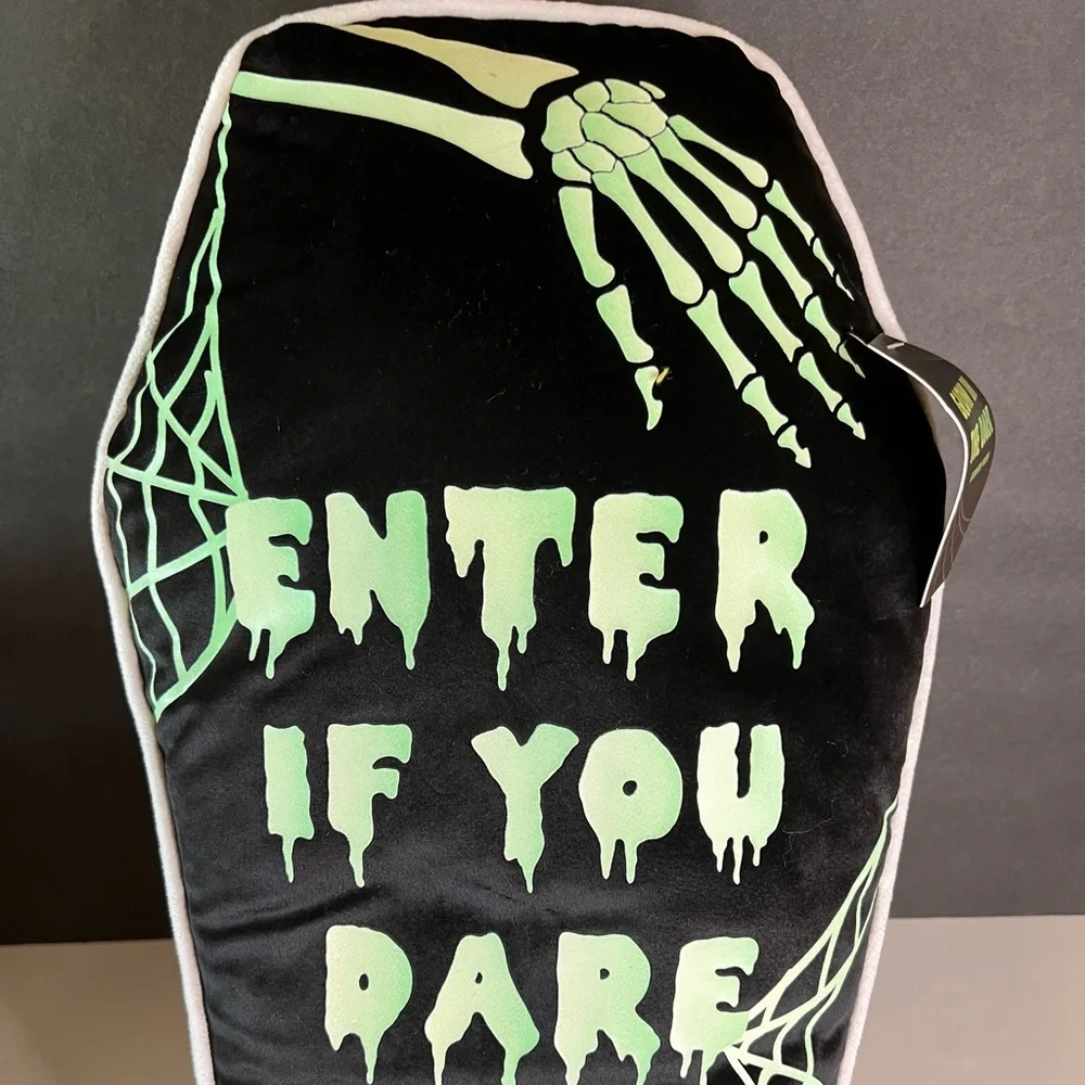 Halloween Glow in the Dark Coffin Throw Pillow Enter if you Dare Skeleton Hands